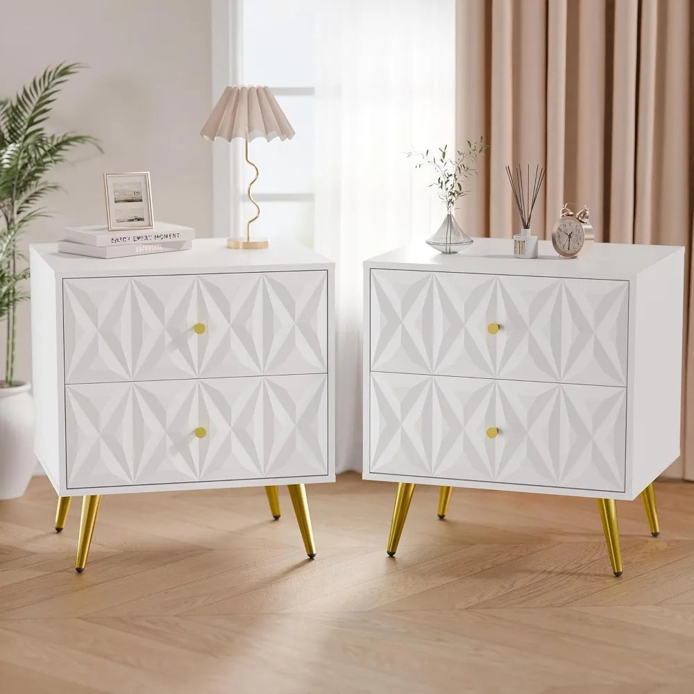 White Night Stand Set of 2, Wide Embossed Nightstand with 2 Drawers