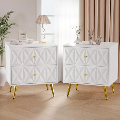 White Night Stand Set of 2, Wide Embossed Nightstand with 2 Drawers