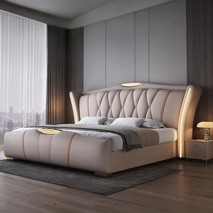 Leather bed with light modern minimalist lit 150x200 180x200 200x220 cm Double bed 2 people bedroom beds frames Furniture