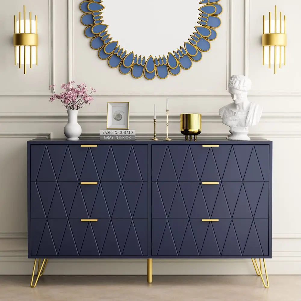 Navy Large Dresser 6 Drawer Dresser for Bedroom, Chest of Drawer with 6 Wide Drawers Wood Storage Cabinet Organizer with Metal