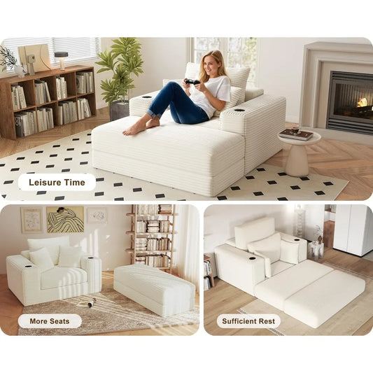 Chaise Lounge Chair Indoor, Fluffy Corduroy Upholstered Boneless Couch, Convertible Sleeper Sofa Bed