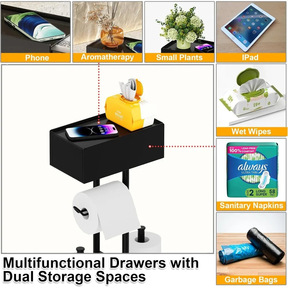 Free Standing Toilet Paper Holder with Shelf,Stand Mega Roll Toilet Paper Holder with Storage,Freestanding Tp Holder with Drawer