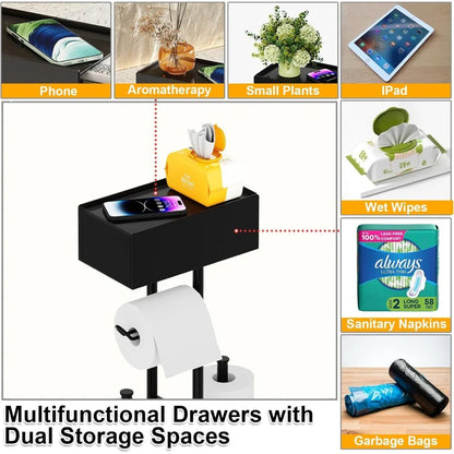 Free Standing Toilet Paper Holder with Shelf,Stand Mega Roll Toilet Paper Holder with Storage,Freestanding Tp Holder with Drawer