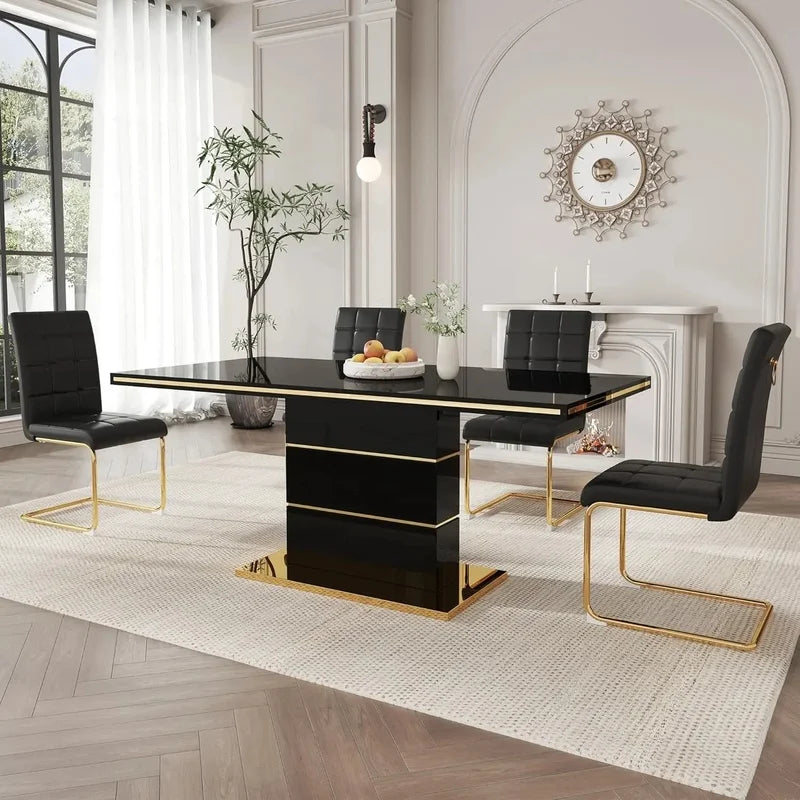 Modern 5-Piece Dining Set with 63" White Gloss Table and 4 PU Leather Chairs for Kitchen and Dining Room