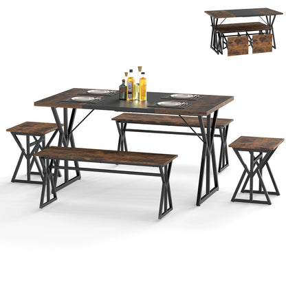 5-Piece Dining Room Set with 2 Benches & 2 Stools, Metal Frame for Small Room