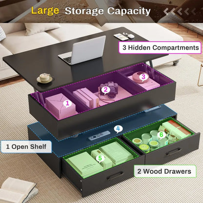 40" Lift Top Coffee Table with Storage ,2 Drawers & LED Light for Dining