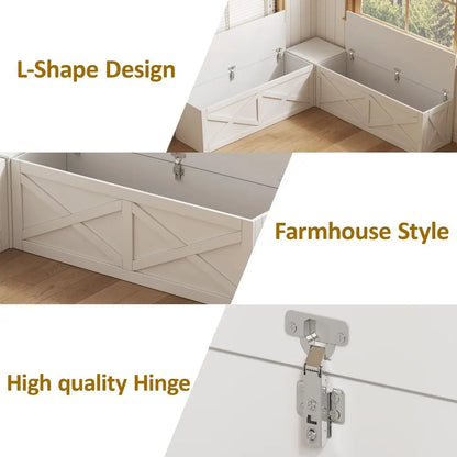 Storage Bench with Cushion, Farmhouse Corner Dining Bench, Kitchen Breakfast Nook Bench with Hidden Storage for Dining Room, En