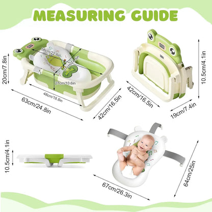 Baby Bath Tub with Bath Cushion Foldable Bathtub with Thermometer Shower Cap Shower Brush for Newborn and Toddler 0-36 Months