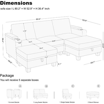 Small  Modular Sectional Couches  U Shaped Couch with Cup Holder Light Grey Couch