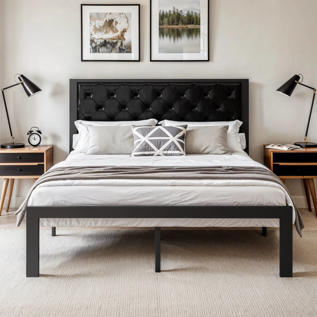 Metal Bed Frame with Upholstered Finely Stitched Headboard, , Sturdy Foundation, No Box Spring Needed