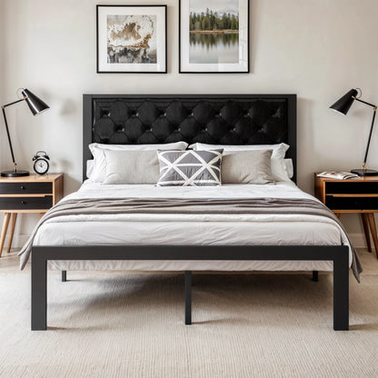 Metal Bed Frame with Upholstered Finely Stitched Headboard, , Sturdy Foundation, No Box Spring Needed