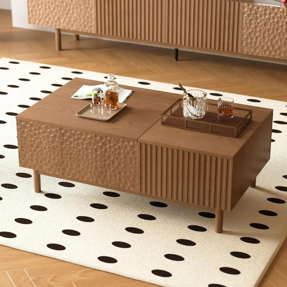 Mid-Century Modern Walnut Rectangular Coffee Table with Lift Top Storage and Drawers