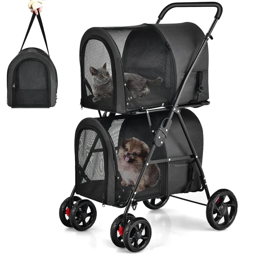 Double Pet Stroller with 2 Detachable Carrier Bags, Safety Belt, 4 Lockable Wheels, Folding Cat & Dog Stroller for Small Medium