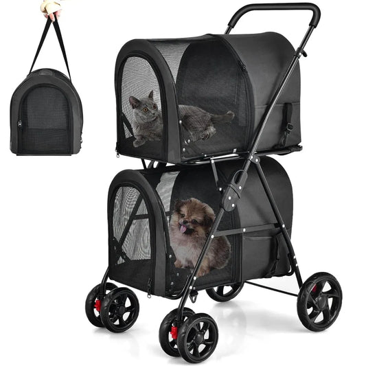 Double Pet Stroller with 2 Detachable Carrier Bags, Safety Belt, 4 Lockable Wheels, Folding Cat & Dog Stroller for Small Medium