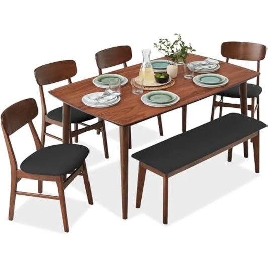 6-piece wooden dining set, mid-century modern table & upholstered chair set w/bench seat, rubberwood legs - walnut/charcoal