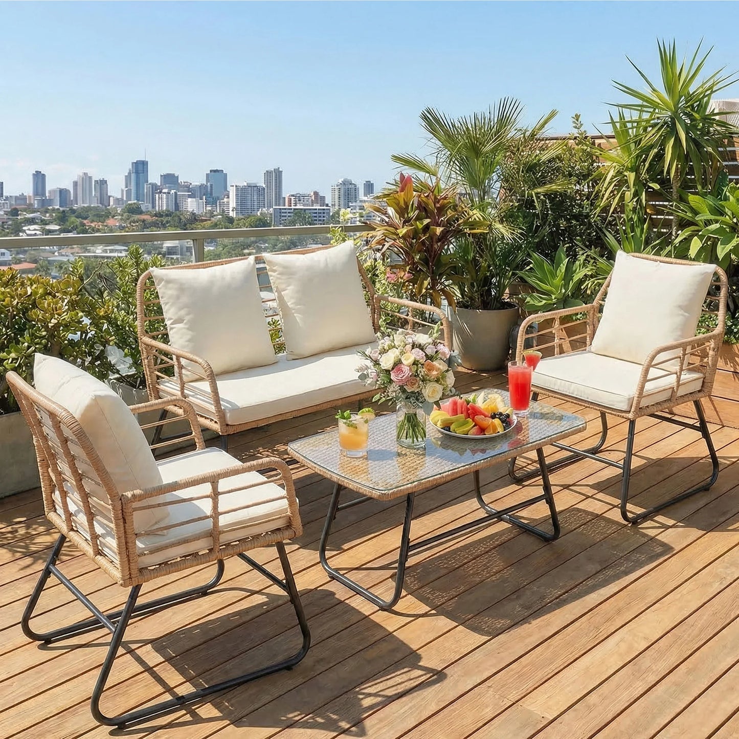 Outdoor Wicker Patio Furniture Set 4 Pieces with Soft Cushion and Glass Table Manual Weaving Patio Chairs For Garden Lawn