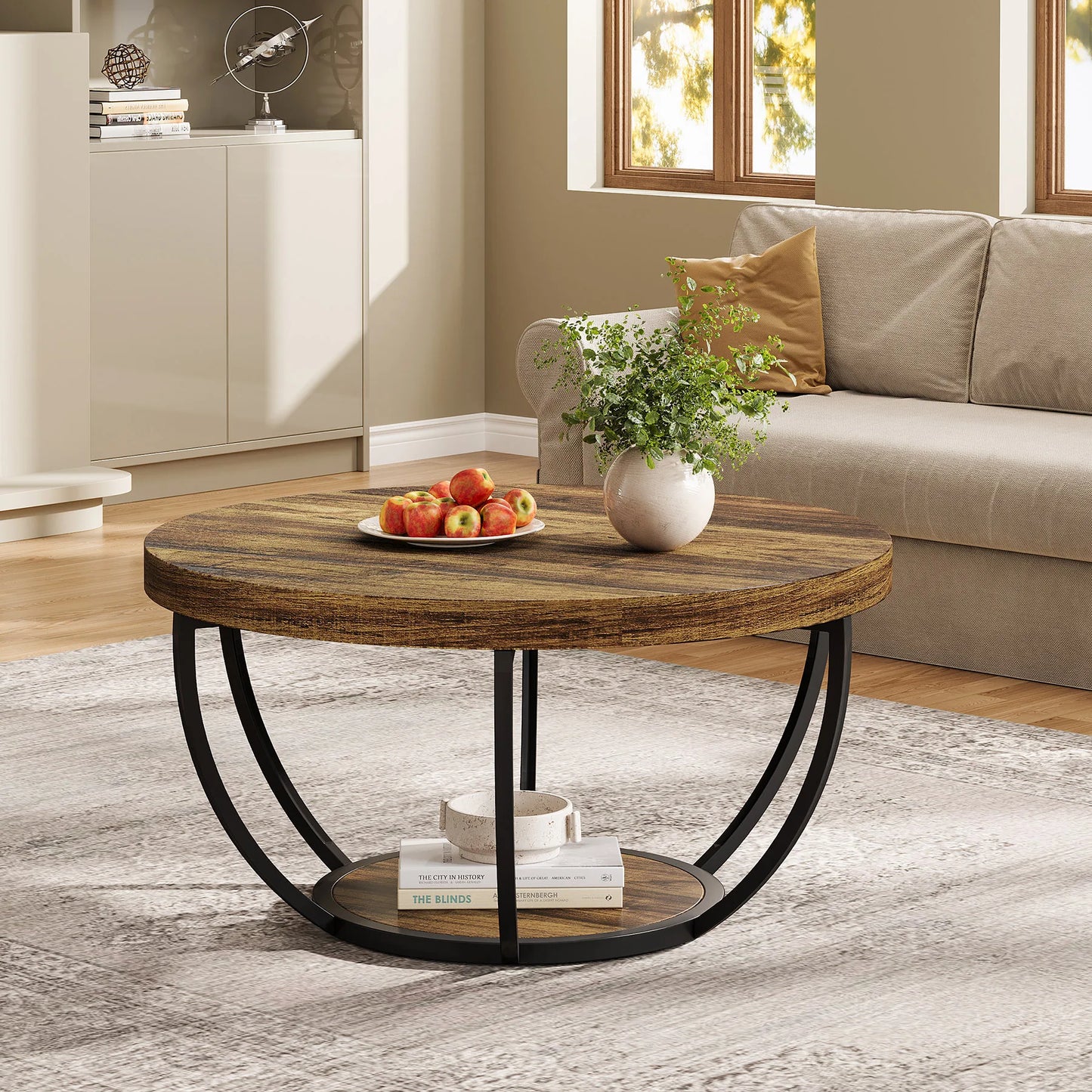 Tribesigns 31.7" Round Coffee Table, Industrial 2-Tier Circle Coffee Table with Storage Shelves, Modern