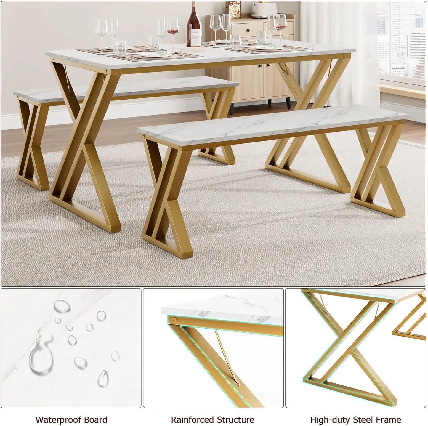 Kitchen Table Set for 4 with 2 Benches Space Saving Dining Table & Benches, Sturdy Metal Frame Dinette Set for Dining Room Gold