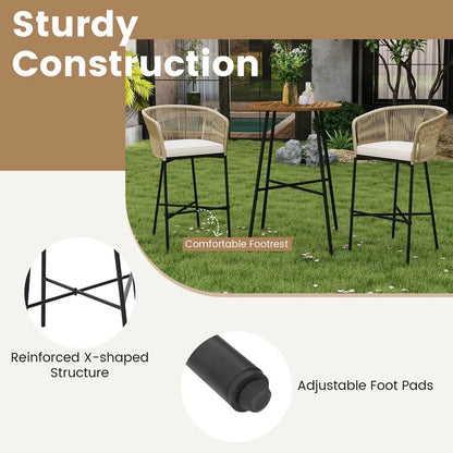 3 PCS Rope Woven Patio Bar Set w/ Soft Cushions and Acacia Wood Tabletop