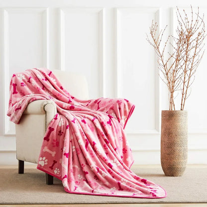 Luxurious Dog Blanket, 350 GSM Super Fuzzy Microplush Fleece Pet Blankets for Small Medium Large Dogs and Cats, Pink Paw and Bo