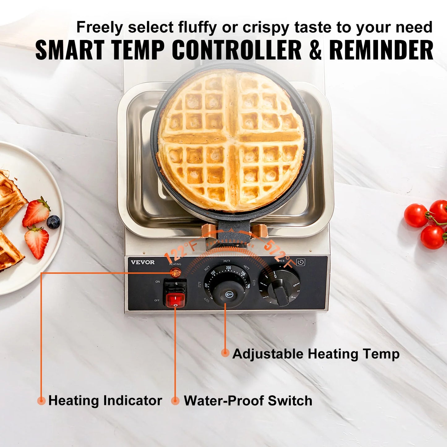 Electric Waffle Maker Stainless Steel Round Waffle Iron Non-Stick Waffle Baker Machine Teflon-Coated Baking Pans
