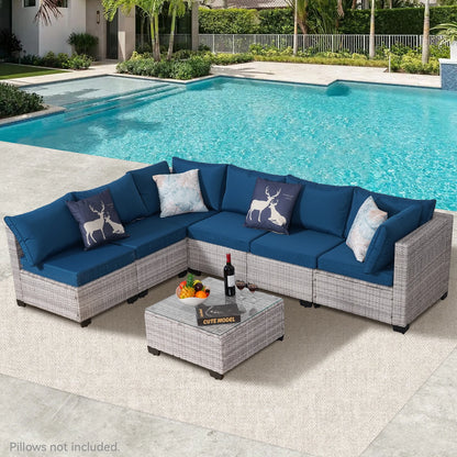 Outdoor Patio Furniture, 7 Piece Outdoor Sectional Sofa PE Rattan Wicker Patio Conversation Sets with Thick Cushions