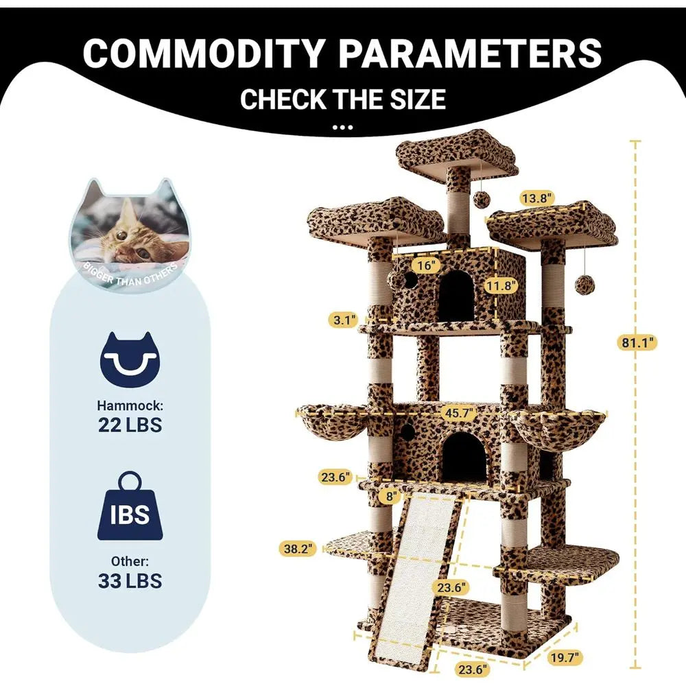 XXL Tall Cat Tower with Leopard Print - Multi-Level Climbing Tree and Condo
