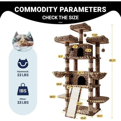 XXL Tall Cat Tower with Leopard Print - Multi-Level Climbing Tree and Condo