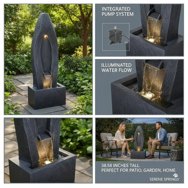 Standing Cascading Stream 38.58-inch Height For Garden Home Backyard, Rock Base Style Waterfall LED Light Water Pump Floor Decor Outdoor Indoor Ornament