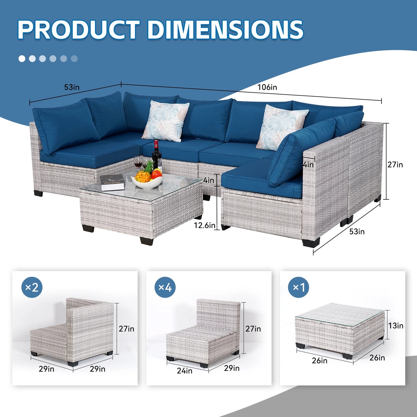 Outdoor Patio Furniture, 7 Piece Outdoor Sectional Sofa PE Rattan Wicker Patio Conversation Sets with Thick Cushions