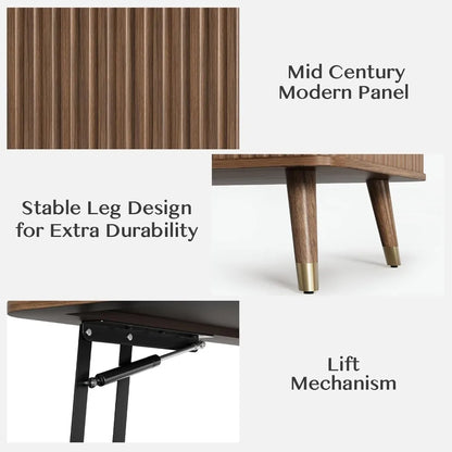 Lift Top Coffee Table with Storage,Mid Century Modern Coffee Table,Fluted Wood Rectangle Center Table for Living Room,Office