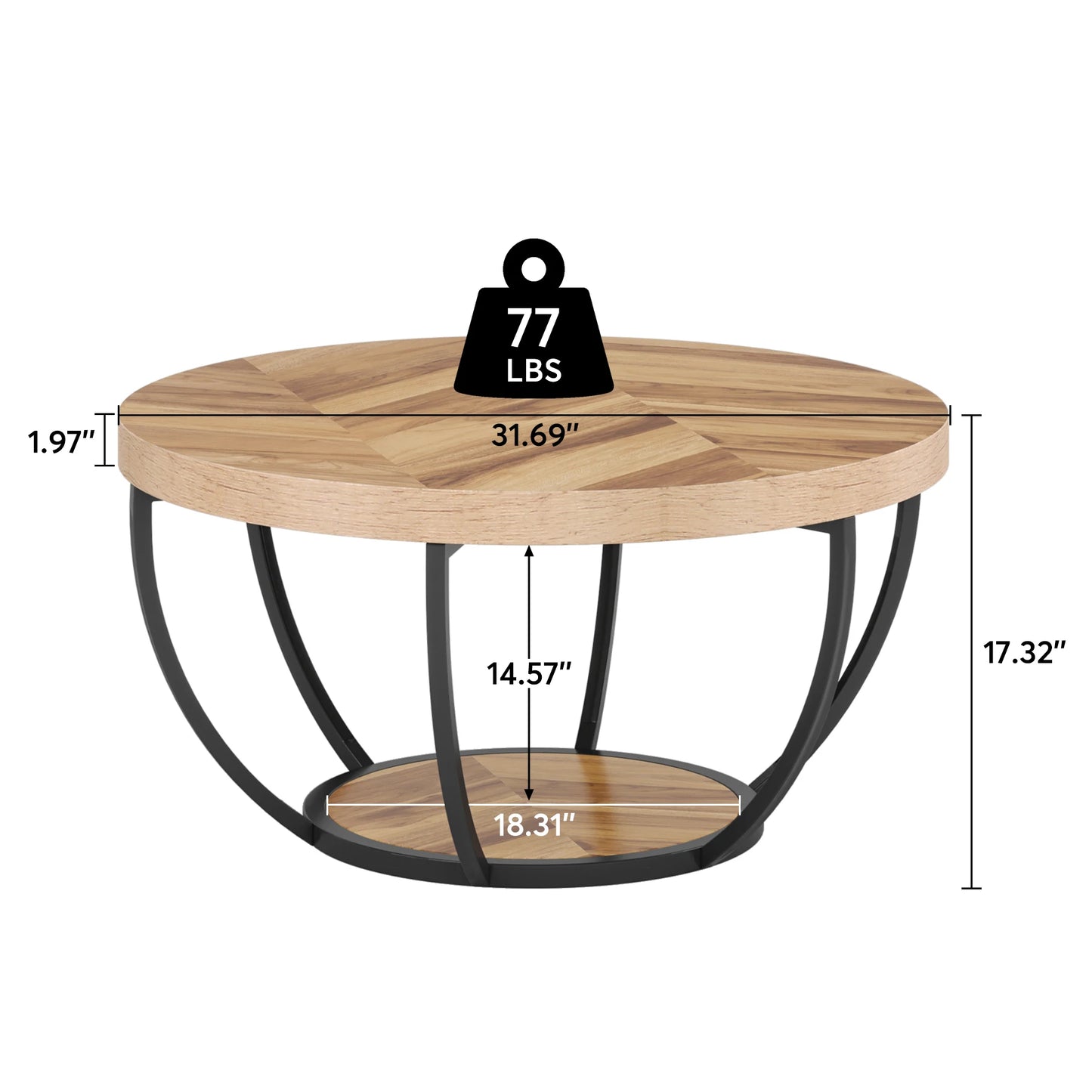 Tribesigns 31.7" Round Coffee Table, Industrial 2-Tier Circle Coffee Table with Storage Shelves, Modern