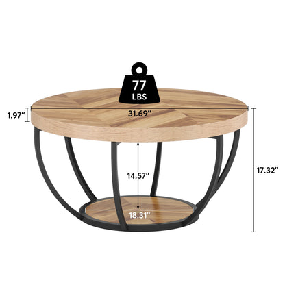 Tribesigns 31.7" Round Coffee Table, Industrial 2-Tier Circle Coffee Table with Storage Shelves, Modern