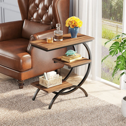 C-Shaped End Table, Industrial 3-Tier Small Table for Couch, Wood Bedside Table Snack Table with Storage Shelves