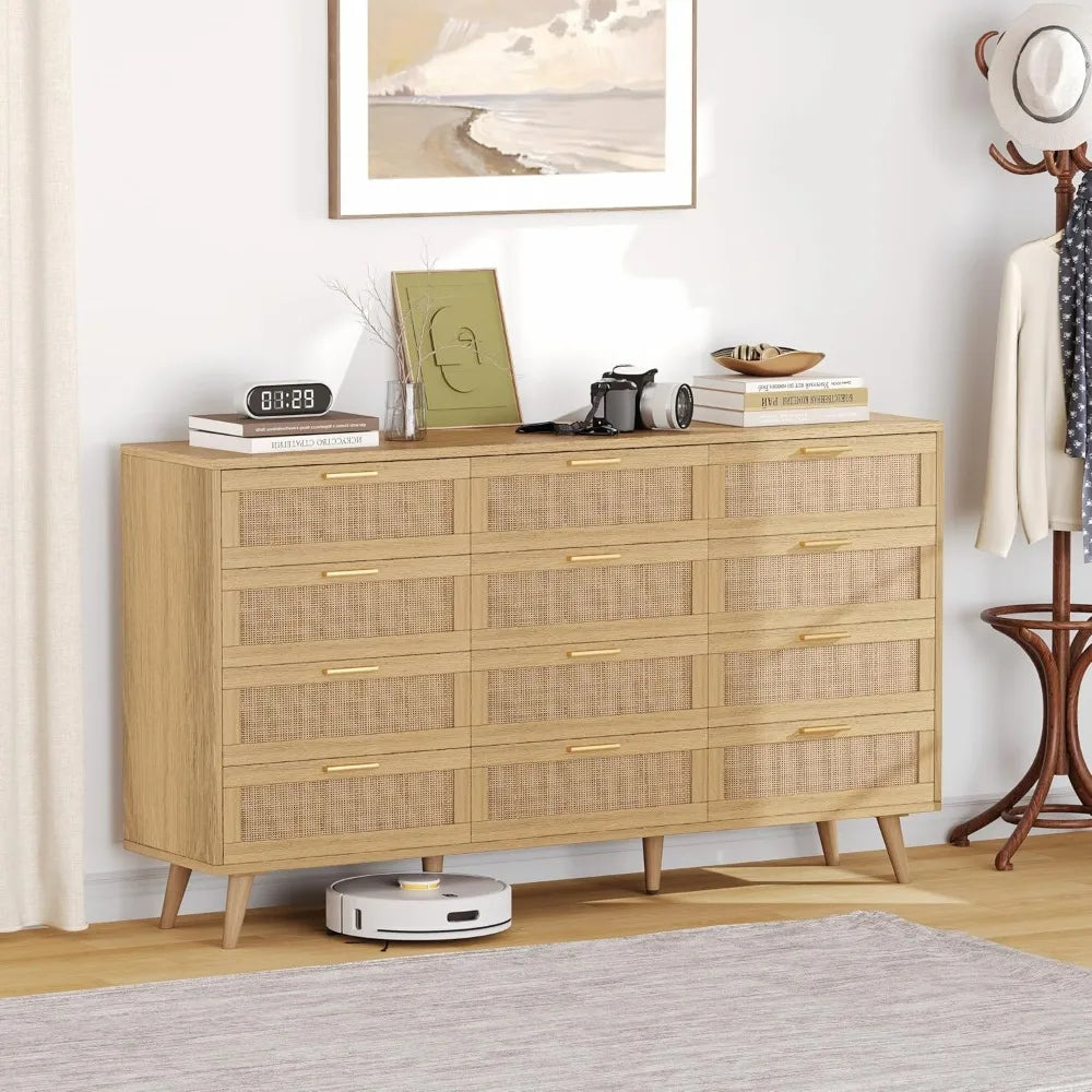 12 Drawer Double Dresser for Bedroom, Rattan Chest of Dressers, Modern Wooden Dresser Chest with Golden Handles
