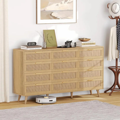 12 Drawer Double Dresser for Bedroom, Rattan Chest of Dressers, Modern Wooden Dresser Chest with Golden Handles