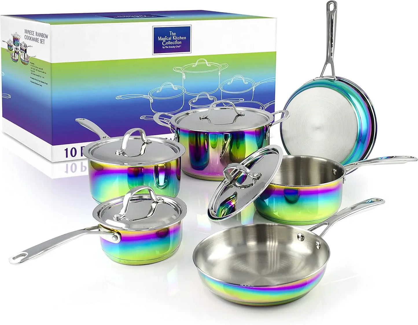 The Magical Kitchen Collection - Iridescent Rainbow Cookware Set - Premium Heavy Duty Stainless Steel and Titanium Pots & Pans S