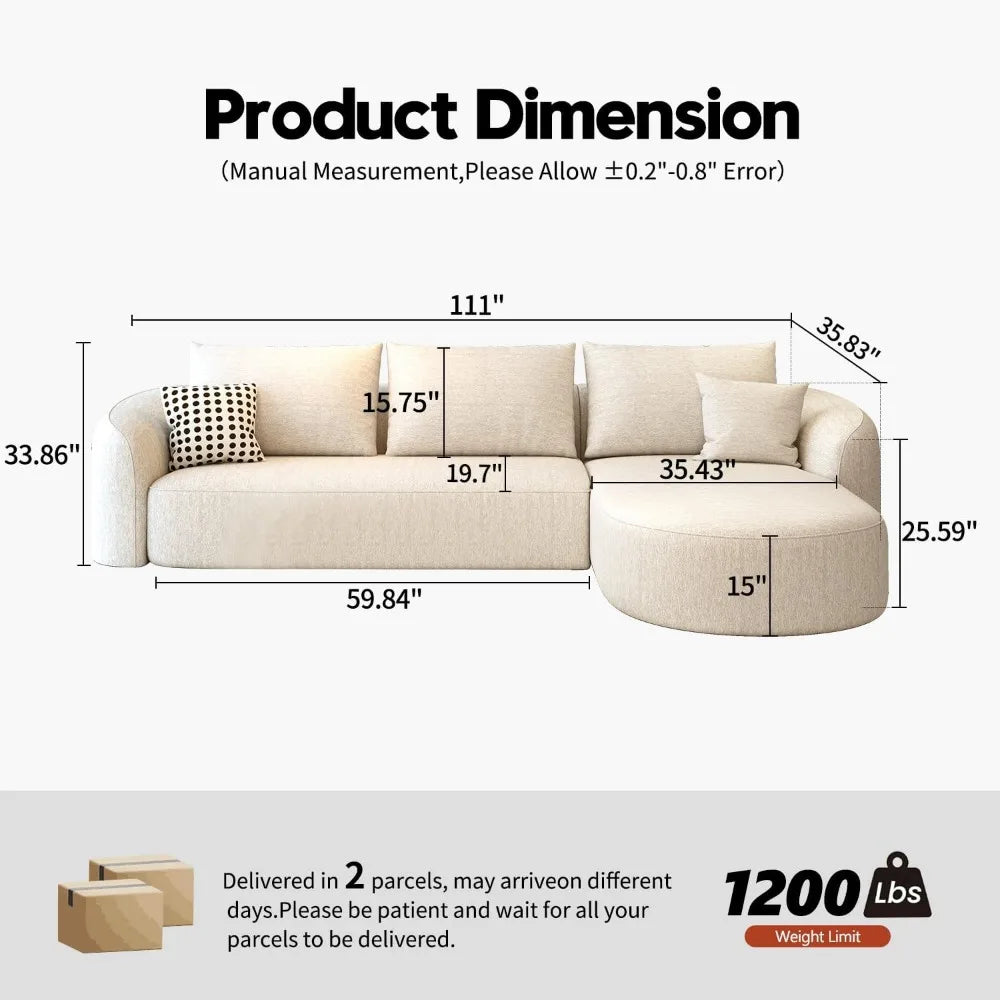Sectional Couches Luxury Modern Curved Back Sofa,Minimalist Comfy L-Shape Boneless Cloud Couch for Living Room