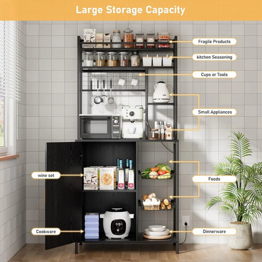 Bakers Rack with Power Outlet, Microwave Stand Cabinet with Storage, 7-Tiers  Coffee Bar Cabinet