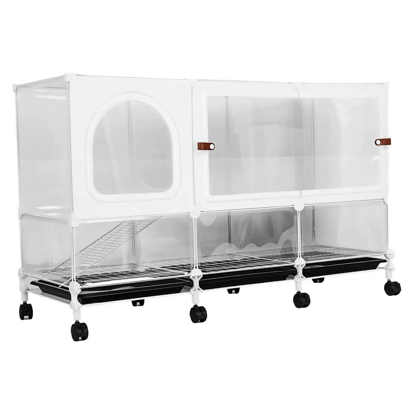 2-Tier Bunny Cage Indoor with Pull Out Tray Clear Panel Critter Cage with Wheels 105x35x66cm for Indoor Animal Chinchillas