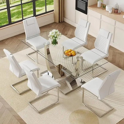 Glass Dining Table Set for 6, Modern Kitchen Table Set for 6, 71" Tempered Glass Tabletop with U-Shaped Gold Base, 7 Ppiece