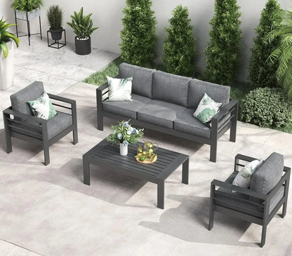 RPD4-QLayinSun Aluminum Furniture with Fire Pit Table. 5 Pieces Patio Sectional Conversation Chat Sofa Modern Seating Set