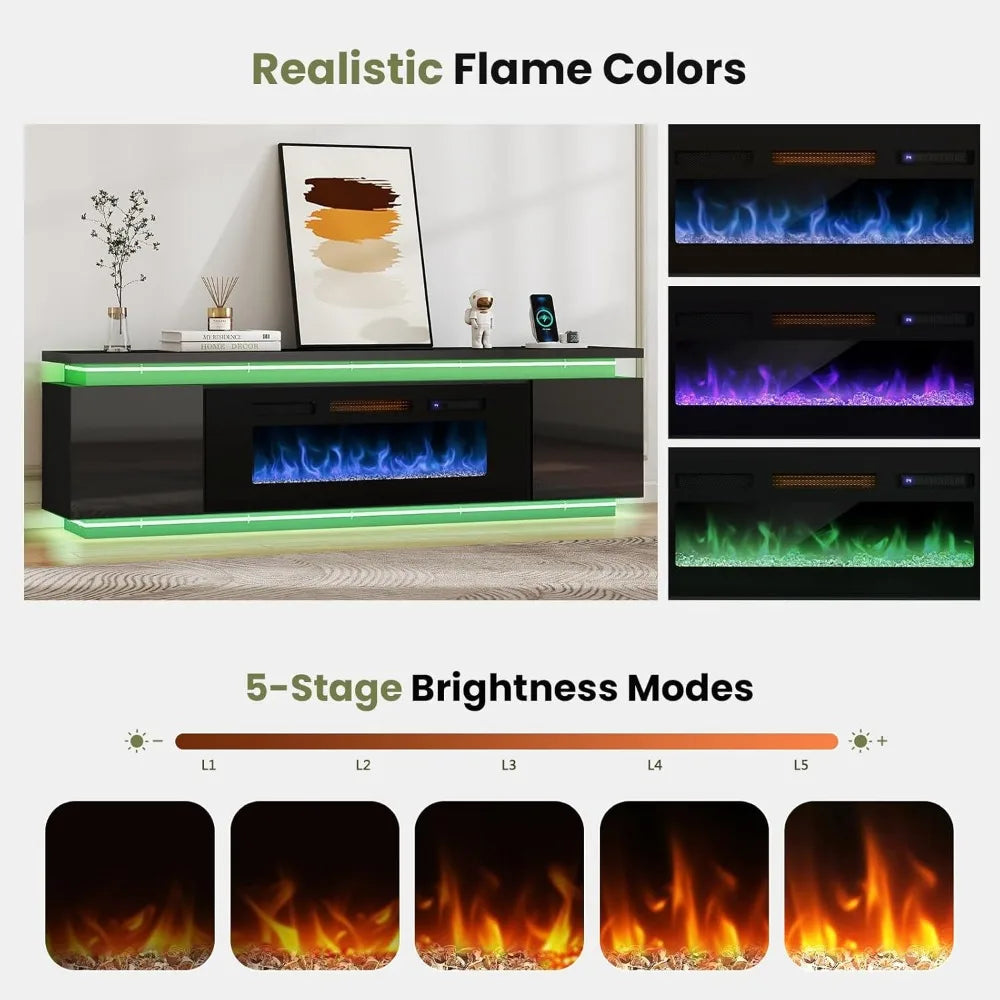 Fireplace TV-Stand for 85 inch TVs - TV-Stand with 40" Fireplace - Entertainment Center with 2 RGB LED Lights and 4 AC Power