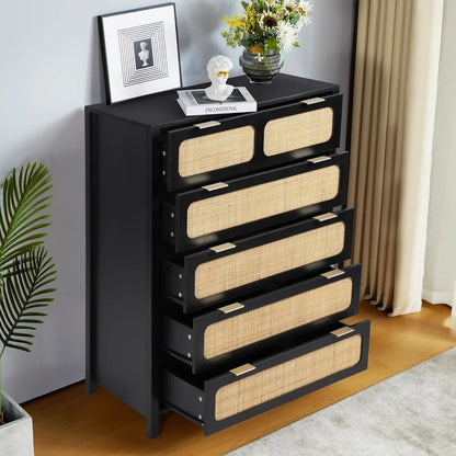 5 Drawer Tall Wooden/Rattan Chest Dresser