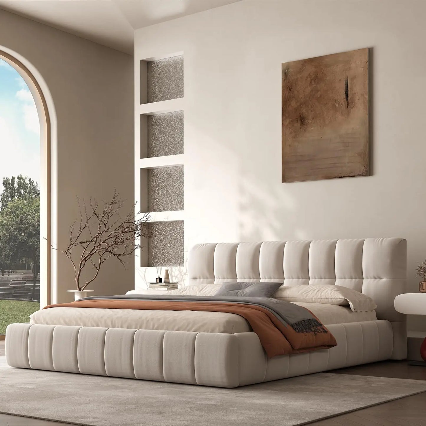 Queen Size Modern Cloud Platform Bed with 38.5-inch High Extra-Thick Soft Headboard, Includes Footboard, Block Design, Cream Uph