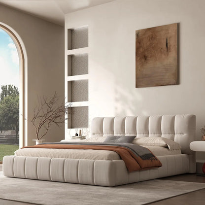 Queen Size Modern Cloud Platform Bed with 38.5-inch High Extra-Thick Soft Headboard, Includes Footboard, Block Design, Cream Uph