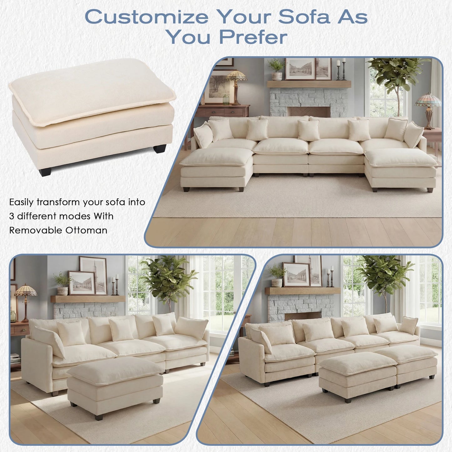 113.4" Modular Sectional Sofa with Ottoman, Comfy Cloud Couch with Deep Seat (23.6" D), Solid Wood Frame,for Living Room