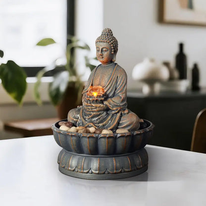 Home Decor 9.6 Tabletop Fountain Exquisite Smile Sitting Buddha Fountains Desk Water Fountain Decorative Zen Fountain w Reflecti