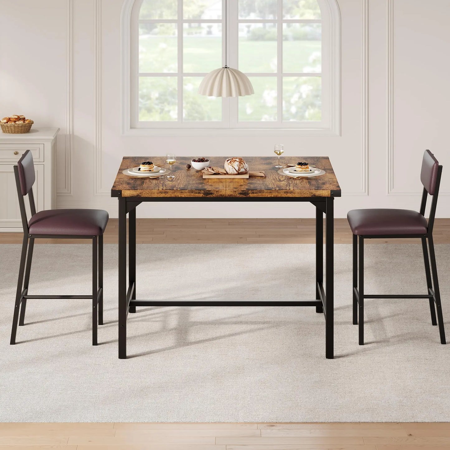 Dining Table Set for 2 w/Counter Height Table & 2 Upholstered Bar Stools, 3-Piece Kitchen Table Set with Footrest & Corner