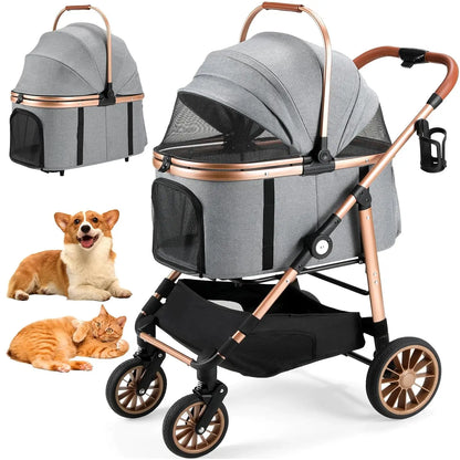 360° High Wheels Transport Foldable Cat Pet Stroller 2in1 Dog Buggy Stroller Dog Box Can Be Attached in Car, Max. load 25 kg